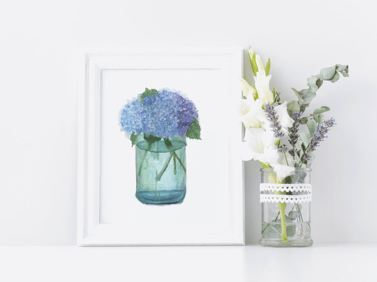 Hydrangea Mason Jar 8x10 & 5x7  watercolor art print,  wall art, home decor, floral art, hydrangea painting, rustic decor