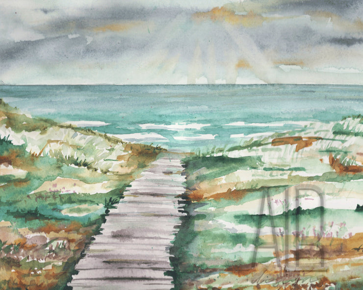 Fall Beach watercolor art print  8x10 & 5x7 , wall art, coastal decor, nautical art, beach art, landscape painting
