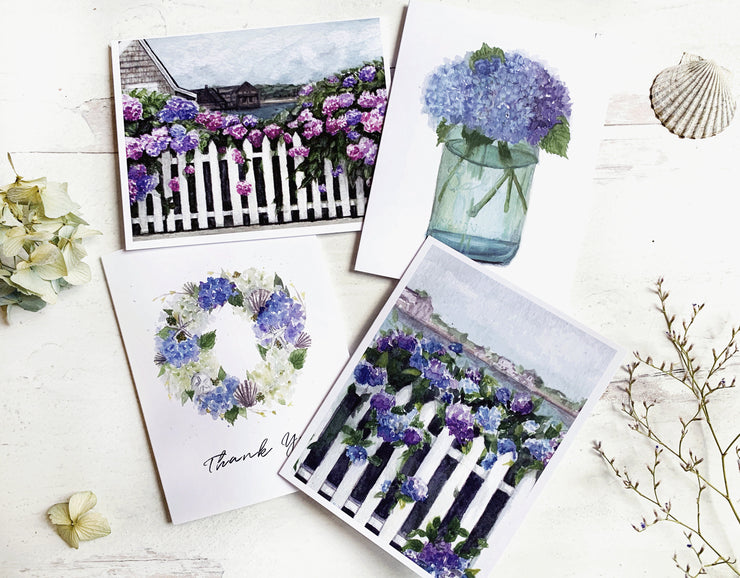 Hydrangea Notecard set 1, assorted, 4 card set, stationery, watercolor art, floral art, blank cards, thank you card