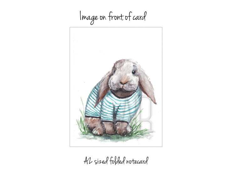 Bunny in shirt notecard, SET OF 4 notecards, stationery, watercolor bunny art, blank cards, thank you cards,