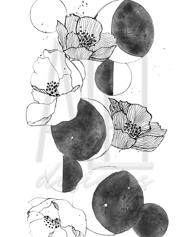 Sea Floral Set,  3 PRINTS, gallery wall art, mermaid art, shark art, moon art, floral art, black and white decor,