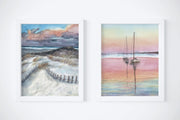 Dunes & Boats print set,  2 PRINTS, gallery watercolor wall art, rainbow sunset sailboats, dunes, beach art, nautical decor, coastal art