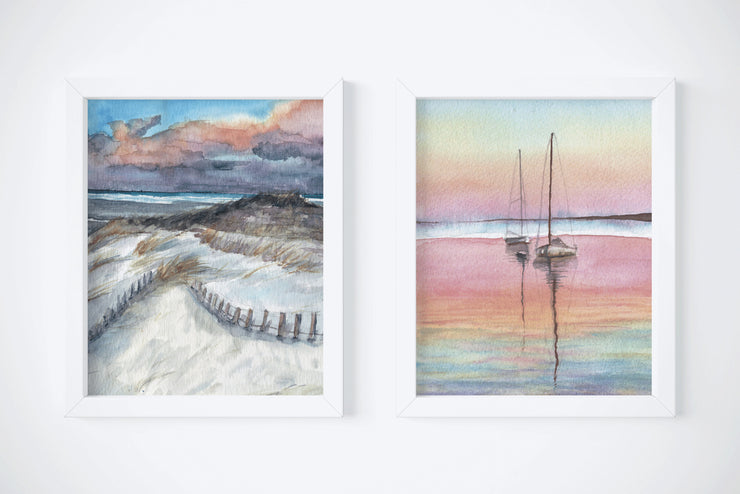 Dunes & Boats print set,  2 PRINTS, gallery watercolor wall art, rainbow sunset sailboats, dunes, beach art, nautical decor, coastal art