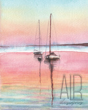 Dunes & Boats print set,  2 PRINTS, gallery watercolor wall art, rainbow sunset sailboats, dunes, beach art, nautical decor, coastal art