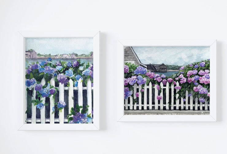 Hydrangea Summer set,  2 PRINTS, gallery watercolor wall art, hydrangea painting, landscape beach art, nautical decor, coastal art, floral