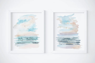Serene Seascape set,  2 PRINTS, gallery watercolor wall decor, landscape beach art, nautical decor, coastal art, abstract relaxing wall art