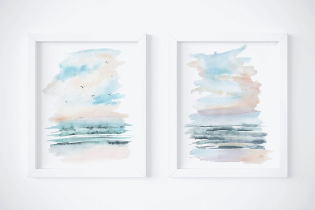 Serene Seascape set,  2 PRINTS, gallery watercolor wall decor, landscape beach art, nautical decor, coastal art, abstract relaxing wall art
