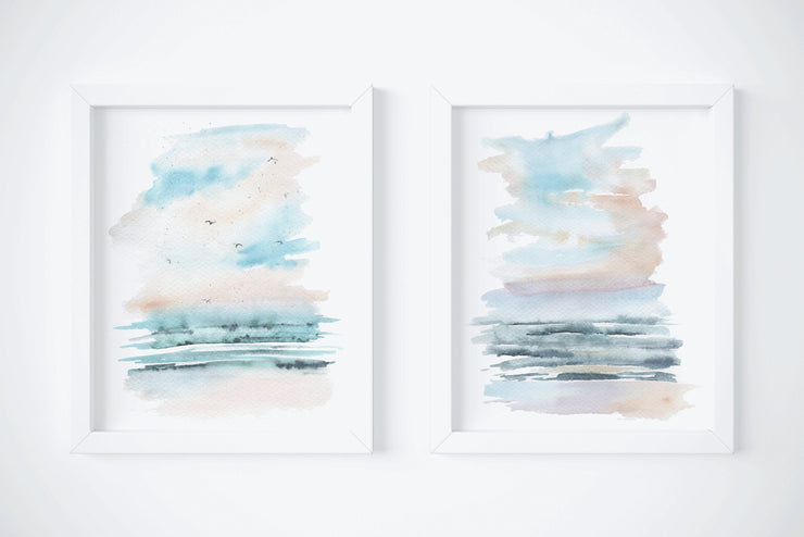 Serene Seascape set,  2 PRINTS, gallery watercolor wall decor, landscape beach art, nautical decor, coastal art, abstract relaxing wall art