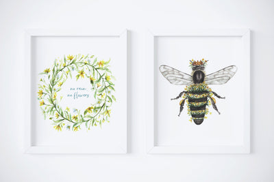 Bee & Floral Wreath set,  2 PRINTS, gallery watercolor wall art, bee art, home decor, queen bee, floral wreath, inspirational, daisy wreath