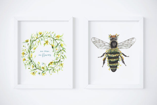 Bee & Floral Wreath set,  2 PRINTS, gallery watercolor wall art, bee art, home decor, queen bee, floral wreath, inspirational, daisy wreath