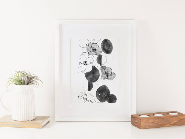 Moonflower watercolor and ink art print  8x10 & 5x7 ,  black and white illustration, moon art, moon phases, floral illustration, flower art