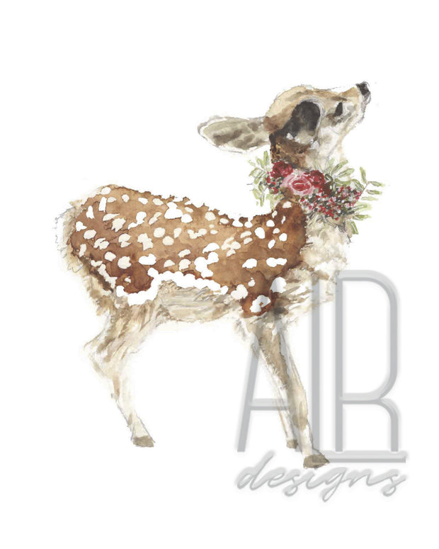 Festive Fawn 8x10 & 5x7 Print, holiday print, christmas art, holiday art, woodland animal art,  christmas decor, animal watercolor art
