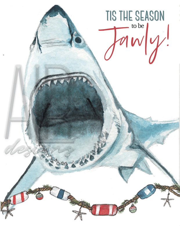 Jawly Shark"8x10 & 5x7  holiday print, nautical Christmas print, Christmas decorations, nautical holiday art, shark art, holiday decor