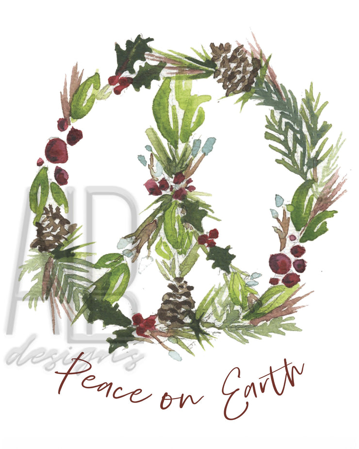 Peace Wreath 8x10 & 5x7 holiday print, holiday decor, christmas decorations, floral holiday art, christmas art print, peace on earth art