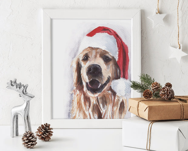 Santa Dog 8x10 & 5x7 Print, christmas wall art, animal christmas art, pet christmas decor, christmas decorations, cute holiday decor,