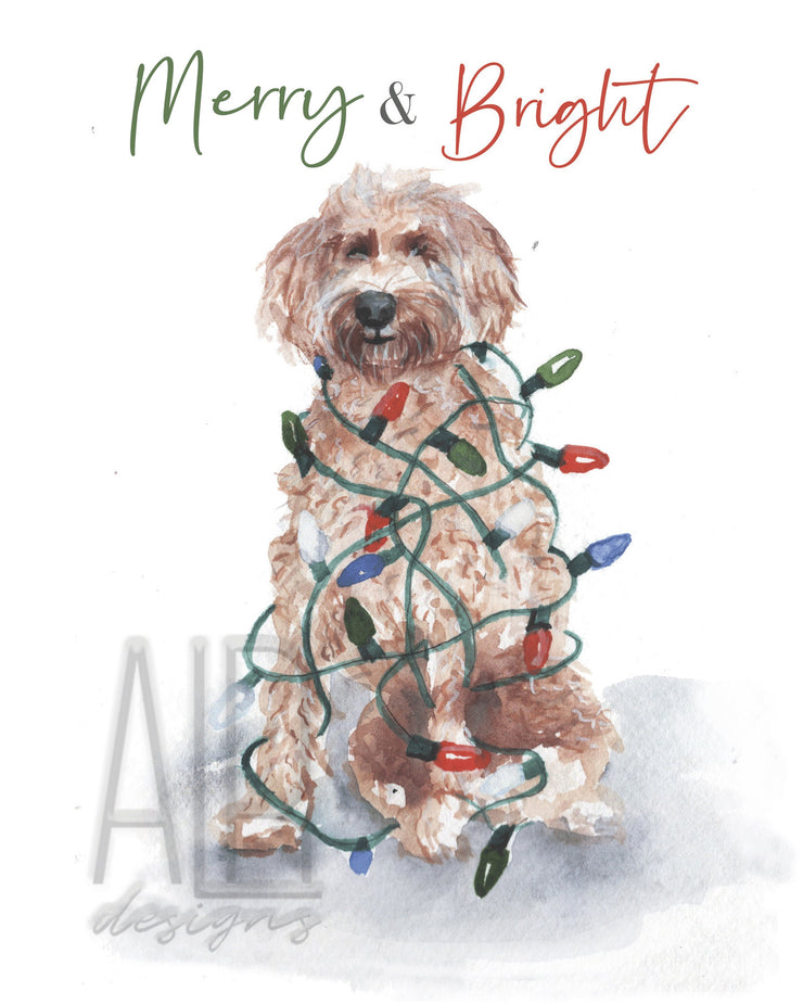 Merry and Bright Doodle  8x10 & 5x7 print, cute  christmas wall art, christmas dog art, holiday pet art, christmas decoration, holiday decor