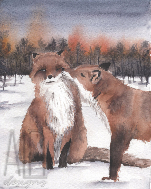 Winter foxes 8x10 & 5x7 Print, print, winter woodland animals, fox art, couples art, christmas decorations, seasonal art, holiday decor