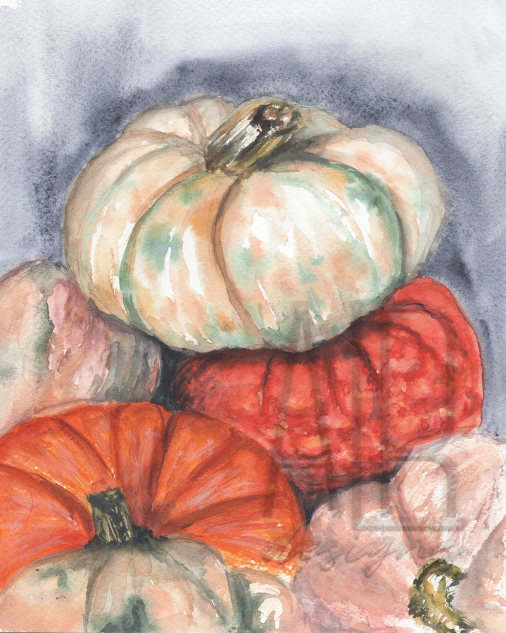 Watercolor Pumpkin Prints Set,  TWO  8x10 PRINTS, art, fall decor, pumpkin art, wall art, rustic art, watercolor painting, autumn art