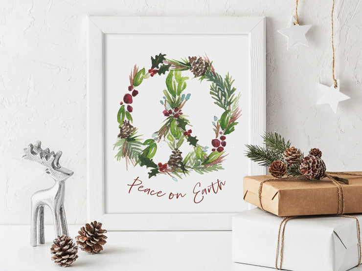 Peace Wreath 8x10 & 5x7 holiday print, holiday decor, christmas decorations, floral holiday art, christmas art print, peace on earth art