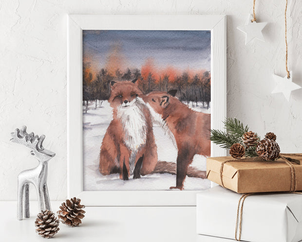 Winter foxes 8x10 & 5x7 Print, print, winter woodland animals, fox art, couples art, christmas decorations, seasonal art, holiday decor