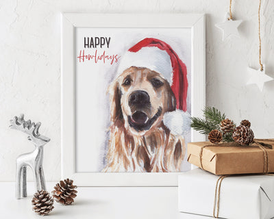 Santa Dog 8x10 & 5x7 Print, christmas wall art, animal christmas art, pet christmas decor, christmas decorations, cute holiday decor,