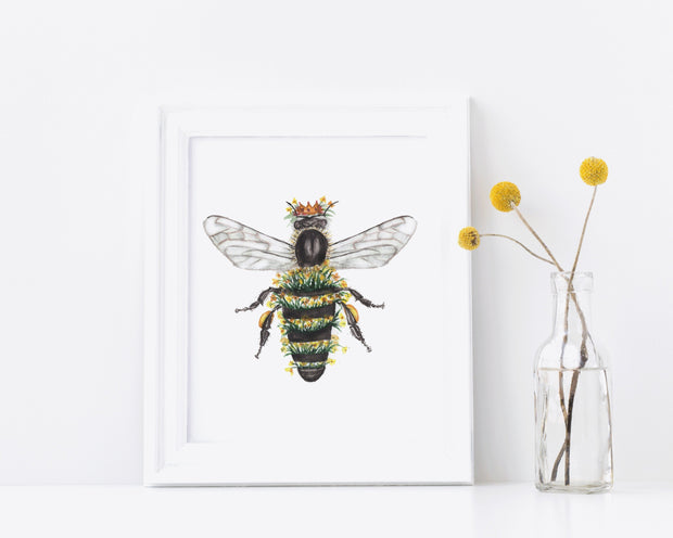 Queen Bee 8x10 & 5x7  watercolor art print,  wall art, bee art, home decor, floral art