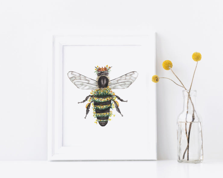 Queen Bee 8x10 & 5x7  watercolor art print,  wall art, bee art, home decor, floral art