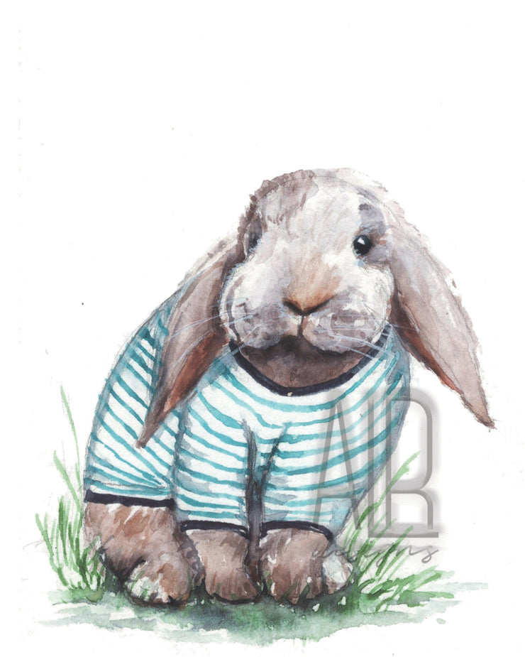 Bunny in Shirt 8x10 & 5x7  watercolor art print,  cute wall art, home decor, kids room, nursery art, bunny art, woodland animal art