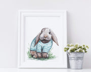 Bunny in Shirt 8x10 & 5x7  watercolor art print,  cute wall art, home decor, kids room, nursery art, bunny art, woodland animal art
