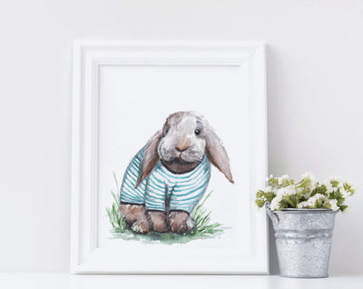 Bunny in Shirt 8x10 & 5x7  watercolor art print,  cute wall art, home decor, kids room, nursery art, bunny art, woodland animal art