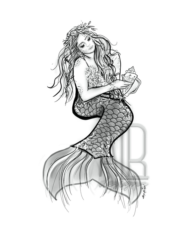 Mermaid Maven line art print  8x10 & 5x7 ,  black and white illustration, coastal decor, nautical art, mermaid art