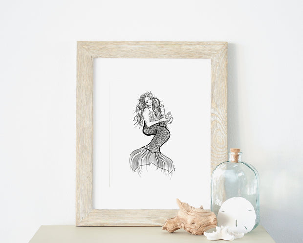Mermaid Maven line art print  8x10 & 5x7 ,  black and white illustration, coastal decor, nautical art, mermaid art