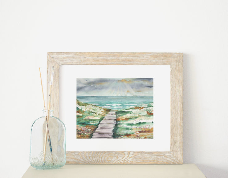 Fall Beach watercolor art print  8x10 & 5x7 , wall art, coastal decor, nautical art, beach art, landscape painting