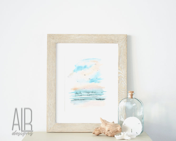 Peaceful Seascape, 8x10 and 5x7 art print , watercolor seascape, coastal art,  nautical decor, relaxing ocean wall art, beach art