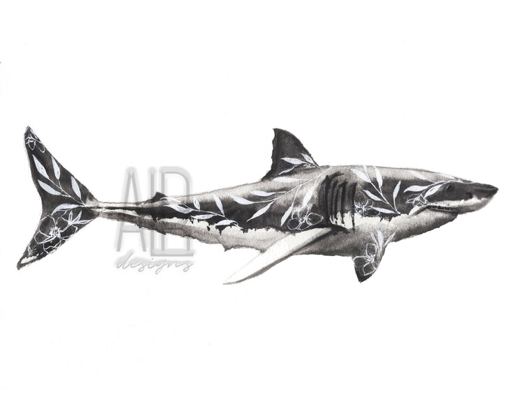 Floral Shark watercolor print, 8x10 & 5x7  art print, nautical wall art, home decor, office art, coastal decor, funny wall art, shark art