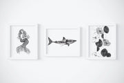 Sea Floral Set,  3 PRINTS, gallery wall art, mermaid art, shark art, moon art, floral art, black and white decor,