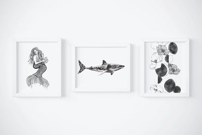 Sea Floral Set,  3 PRINTS, gallery wall art, mermaid art, shark art, moon art, floral art, black and white decor,
