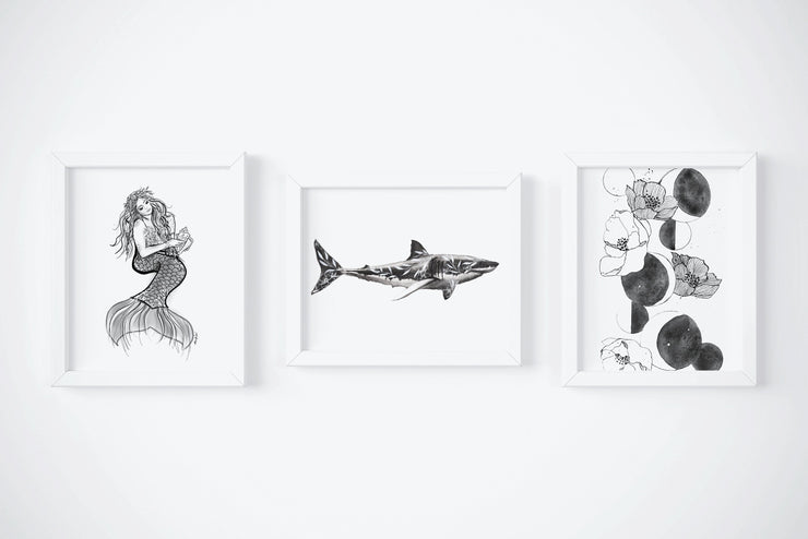 Sea Floral Set,  3 PRINTS, gallery wall art, mermaid art, shark art, moon art, floral art, black and white decor,
