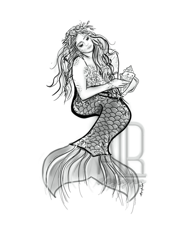 Sea Floral Set,  3 PRINTS, gallery wall art, mermaid art, shark art, moon art, floral art, black and white decor,