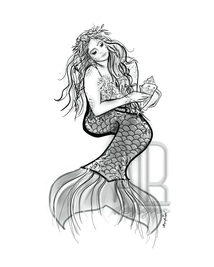 Sea Floral Set,  3 PRINTS, gallery wall art, mermaid art, shark art, moon art, floral art, black and white decor,