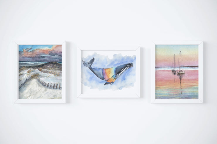 Sunset Set,  3 ART PRINTS, gallery watercolor wall art, rainbow sunset sailboats, dunes, beach art, nautical decor, coastal art, whale art