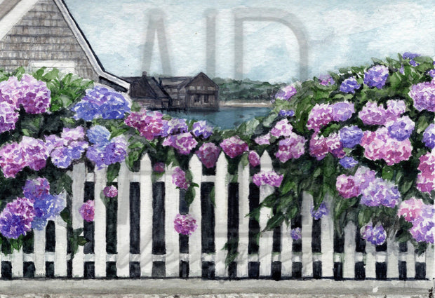 Hydrangea Summer set,  2 PRINTS, gallery watercolor wall art, hydrangea painting, landscape beach art, nautical decor, coastal art, floral