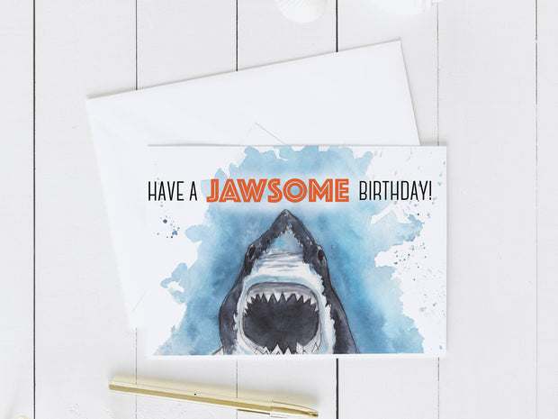 Jawsome Shark Birthday card! Folded 5x7 in blank greeting card, shark art, cards for shark lovers, cards for kids, funny birthday card