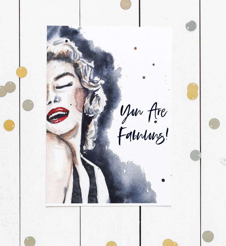 Watercolor Marylin Monroe card 5x7 in blank greeting card, birthday card, thank you card, encouragement, card for friend, card for partner