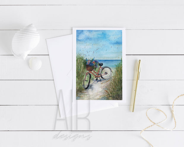Watercolor Beach Bike blank greeting card, thank you cards, cards for bicycle lovers, cards for beach lovers, mothers day card, birthday