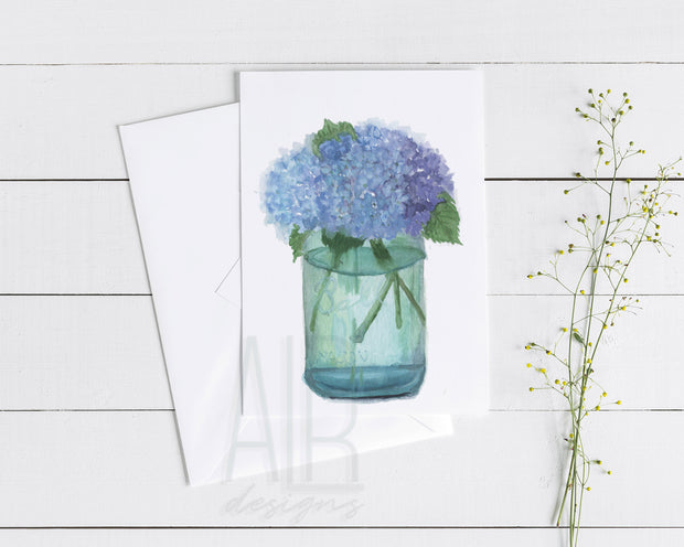 Hydrangea Mason Jar Greeting Card 5x7 in blank greeting card, floral stationery, thank you card, congratulations card, thinking of you