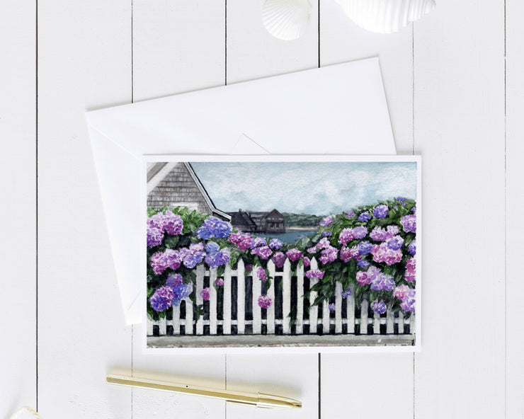 Summer Hydrangeas landscape blank greeting card, mothers day card, thank you card, beach art, coastal cottage art, card for mom, birthday