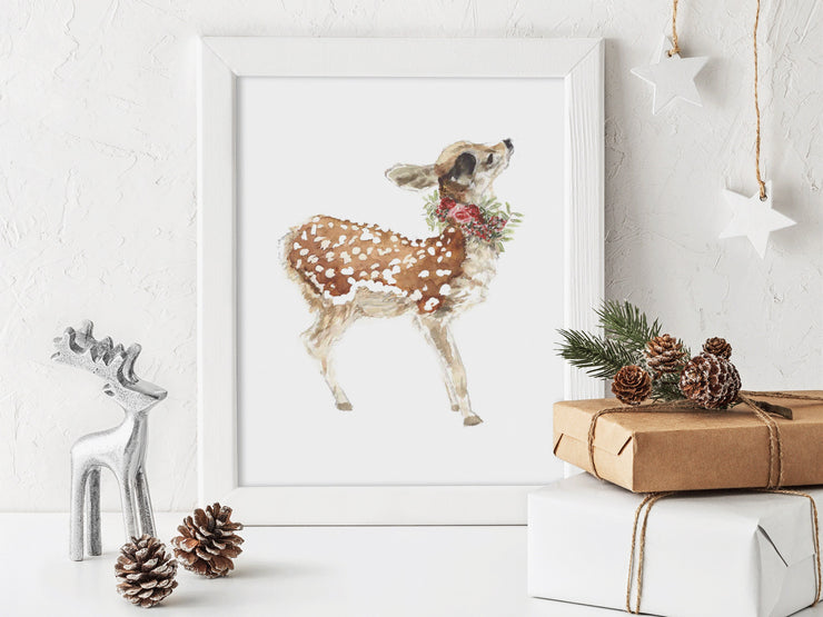 Festive Fawn 8x10 & 5x7 Print, holiday print, christmas art, holiday art, woodland animal art,  christmas decor, animal watercolor art