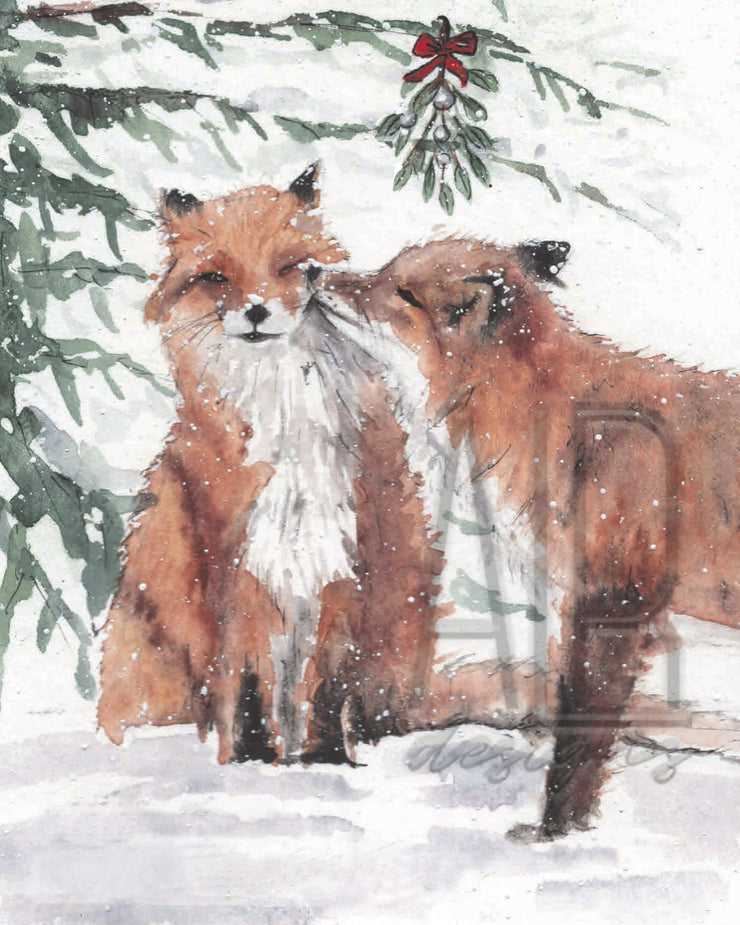 Holiday Foxes 8x10 & 5x7 Print, christmas wall art, christmas decoration, woodland holiday decor, christmas wall art, couples christmas art