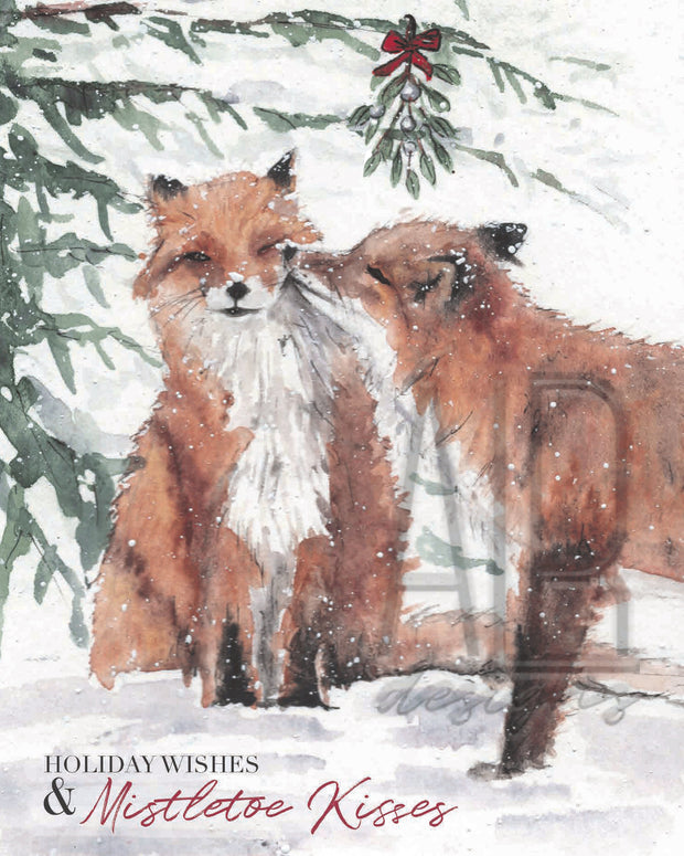 Holiday Foxes 8x10 & 5x7 Print, christmas wall art, christmas decoration, woodland holiday decor, christmas wall art, couples christmas art